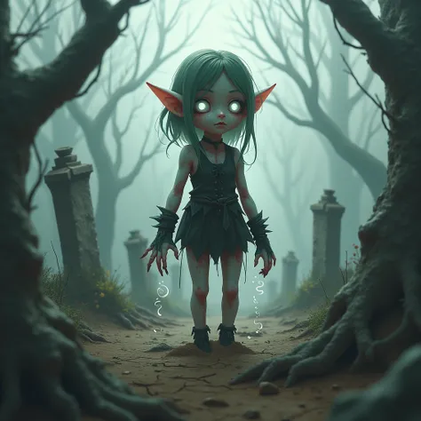 Young cute zombie elf coming out from the ground realistic anime gothic RPG 