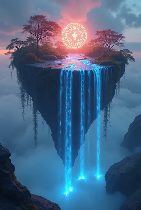 The most handsome  man showing her full face Upright, upper half of body visible background. Waterfall Medium shot. Floating island in a sky, with holographic waterfalls and ancient symbols, intertwined with bioluminescent vines. Wide angle lens. Vibrant d...