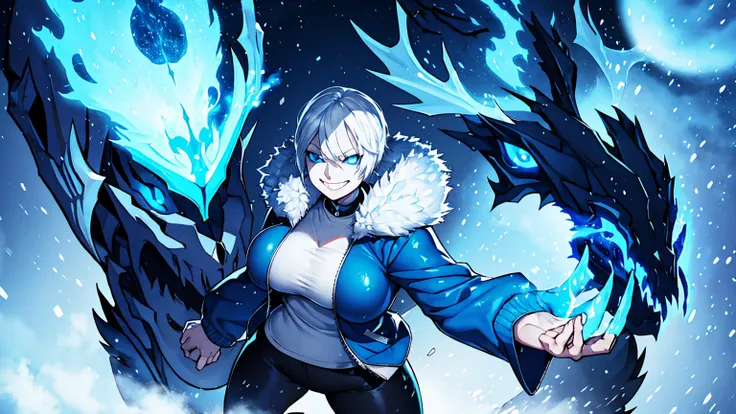 Sans Blue Jacket Black Shirt Fire Eyes Skull Smile Long Lashes White Short Hair Luminous Face Blue Dragon Skull Cannon One Person Standing In Snow Town Femininefull Super huge big breasts breast enlargement full-body shot