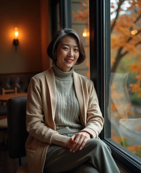 A beautiful short Korean woman in her 50s 、Short medium-length hair、 best quality by the window、Very detailed、 High quality detail 、8ｋ、autumn forest、 Beautiful Korean woman in her 50s . I wore a luxury luxury beige short mid-length cardigan over a luxuriou...