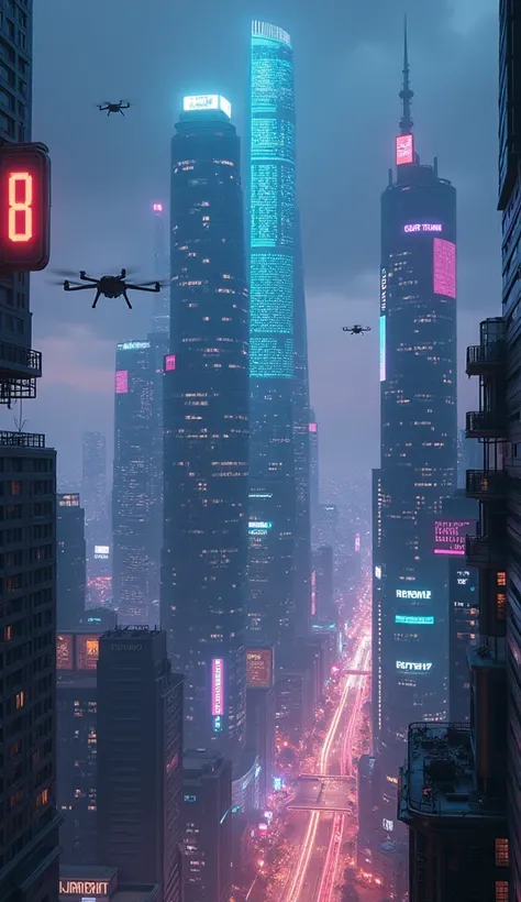 Future Cities Floating in the Sky 、 Skyscrapers Made of Glass and Metal 、 Holographic Advertisements and Flying Drones Go and Go in the Sky 。 Cyberpunk Style with Neon Lights Shining in the Night View。8K quality