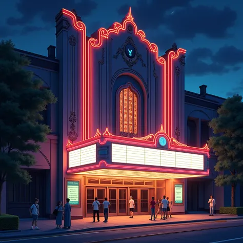 Cinema，Cinema外景特写，Building lighting，illumination。night，Visitors，Anime style， HD quality 