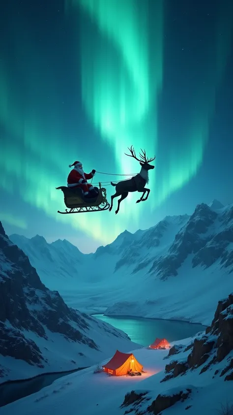 （masterpiece、High image quality、 High Quality 、4K、8k、 Details）、Aurora flickering like a curtain in the high night sky 、 The lights of a tent camping on a glacier can be seen below 。 Santa Claus is flying through the sky on a reindeer sleigh crossing the au...