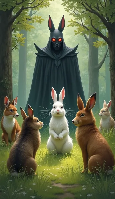  while the white rabbit lives peacefully in the meadows with his new friends, the bad man suddenly appears from among the trees, his eyes shine with evil. He tries to catch the white rabbit again, but the wild animals unite against evil .  with the good gi...