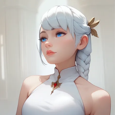 excellent, masterpiece, white hair,  blue eyes ,  white dress,  upper body, hair,  fair skin , side braid ,  quality best