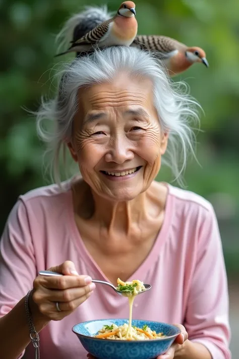 The image is a close-up portrait of an elderly Asian woman with a big smile on her face. She is holding a blue and white bowl with a spoon in her hand and is eating a piece of food. On top of her head, there are several zebradove birds perched on her hair....