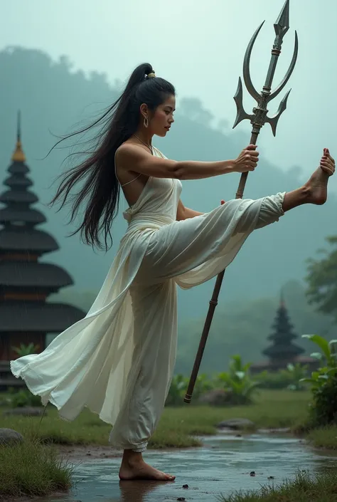 a beautiful, sexy, long-haired and white-skinned woman from Indonesia. She is practicing pencak silat by holding a trident weapon in both hands, her legs are kicking forward, in the middle of a drizzly atmosphere on a hill and temple in Java