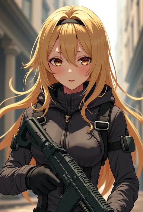 Fille blonde yeux marron qui ressemble à violet evergarden , en mode badass avec une arme en mode animé manga en plus mature
