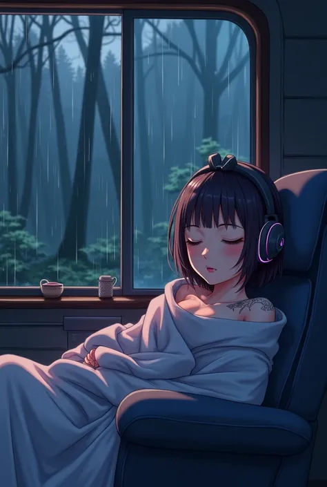 Anime Style 2D, the rainy day. beautiful girl, wrapped in a blanket, sleep on armchair, good sleep, headphone, tattoo, relaxing by the car window overlooking the forest, at night,