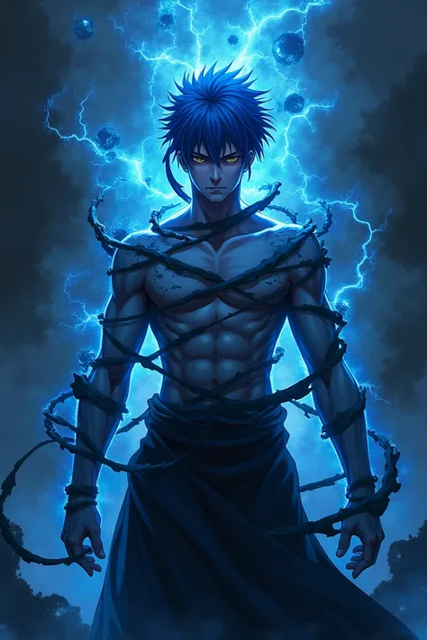 Jujutsu kaisen A blue-haired man with black air wrapped around his body.