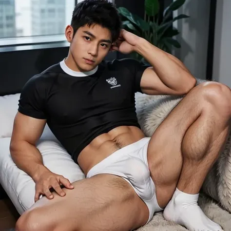 a 17-year-old boy,asian, (Rugby player boy), (((Very dark skin tones))) ,Spread legs, wearing white underwear and socks ,Thick thighs, ((Hairy thighs)),((big bulge))