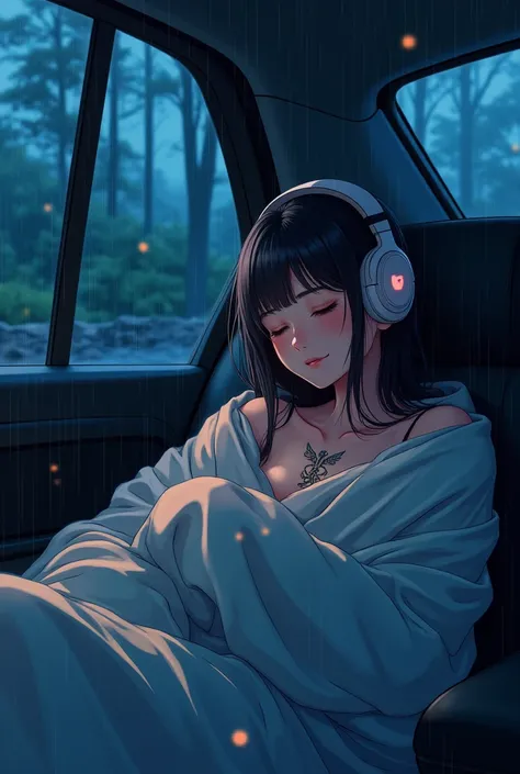 Anime Style 2D, the rainy day. beautiful girl, wrapped in a blanket, sleep on armchair, good sleep, headphone, tattoo, relaxing by the car window overlooking the forest, at night,