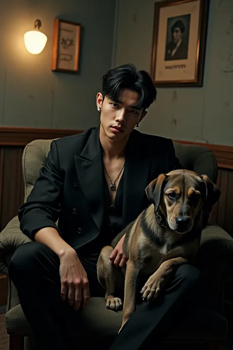 (photorealism:1.2), handsome man , kpop idol style and clothing, sitting on basement chair, with the name JASPER on the background, mafia theme, with a dangerous animal three DOG sitting on his lap, his looks should be like enhypen any members