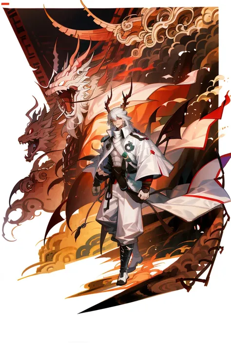 Muscular man, alone, white windbreaker, white long pants, white hair, black locks of hair, Japanese-looking man, dragon horns, violet-colored military boots, evil smile, dark brown eyes, fantasy scenery, walking through the flames of darkness.