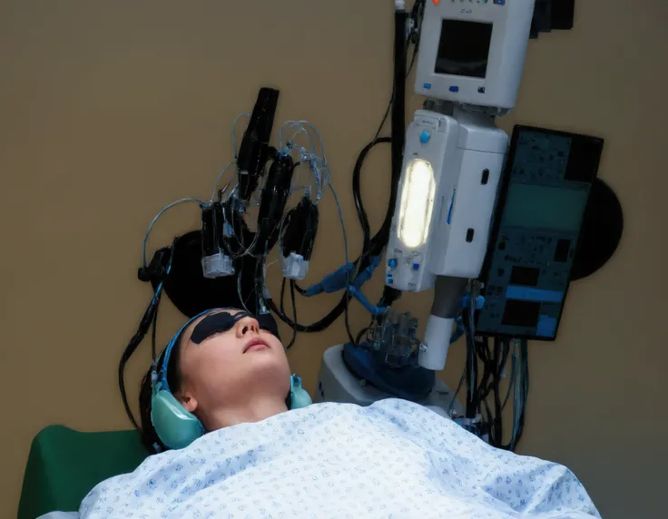   there is a woman ying in a hospital bed with a monitor, brain Operation, anaesthetic,  on an operating table , Medical Photography, Operation,  Cable connected to head ,  EEG node on scalp  ,  surgical equipment ,  hand transplanted to head , operating r...