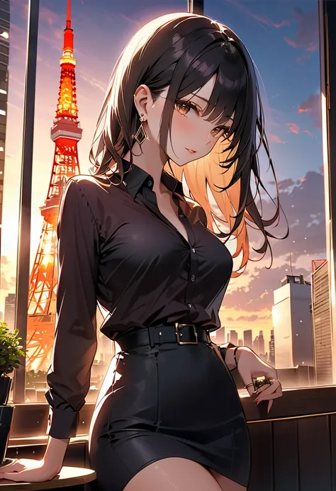 masterpiece,best quality,ultra detailed,high resolution,16k, beautiful,  1 girl ,  black long hair by lla,Business shirts、 Business Skirt、 earrings for a woman alone, Outdoor、Married Woman,Cafes in Tokyo、Skyscrapers in the background、 Tokyo tower 、coquetti...