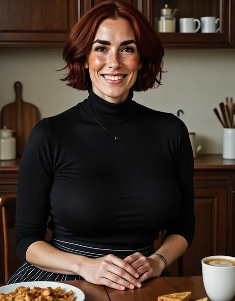 Photorealistic picture, cinematic style, a beautiful British woman sitting and enjoying a breakfast in her kitchen. she has light skin and freckles. Bob hairstyle. Smile. Shes wearing a black tight turtleneck and pleated skirt with black and white vertical...