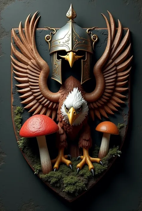 A round escutcheon with a medieval helmet, An eagle and a porcini 