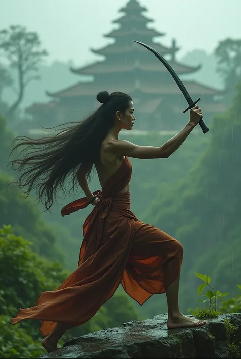 a beautiful, sexy, long-haired and white-skinned woman from Indonesia. She is practicing pencak silat by holding a keris javanese weapon in both hands, her legs are kicking forward, in the middle of a drizzly atmosphere on a hill and temple in Java