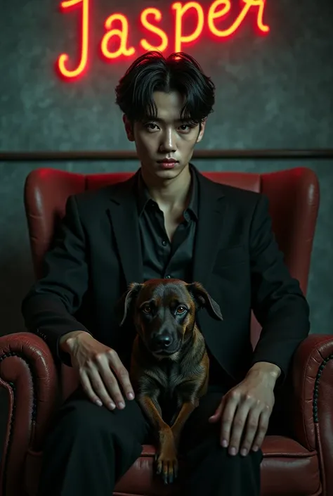 (photorealism:1.2), handsome man , kpop idol style and clothing, sitting on basement chair, with the name JASPER on the background, mafia theme, with a dangerous animal three DOG sitting on his lap, his looks should be like enhypen any members