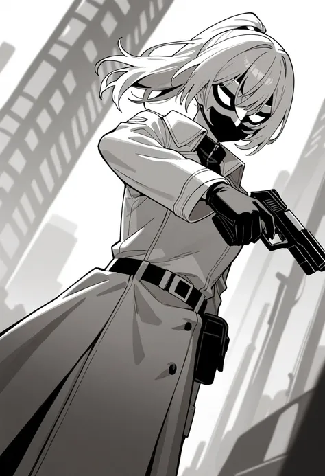 mange style,masterpiece,best quality,good quality,newest,newest,general,cinematic angle,(monochrome:1.2),BREAK 1girl,34yo,solo,Dark Hero,white hair,ponytail,(white Hero mask:1.2),coat,holding_handgun,standing,BREAK crapped street,detailed background,