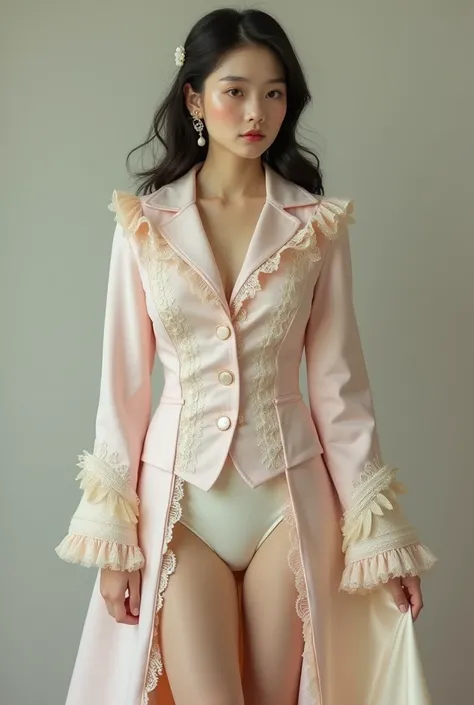 A Korean man in ladies vintage suit dress, big breast like a woman, slender female body, white and pink, Rich lace and frills, long sleeves, tweed