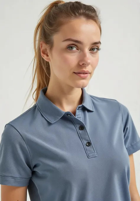 a close up of a brazillian young woman wearing a Polo Shirt azul and a ponytail,   short sleeves, vestindo Polo Shirt, work clothes, Monica, usando uma Polo Shirt azul escuro, Swedish, Polo Shirt, centre image,  Utility , Sweden, uniform,  casual clothes, ...