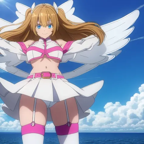 Masterpiece, master quality, high resolution, super detailed, 1 girl, solo, light brown hair, twin-tail hair, wing hair accessory, blue eyes, smiling face, large breasts, angel wings, off-the-shoulder white shorts, midriff-exposing outfit, pink belt, white...