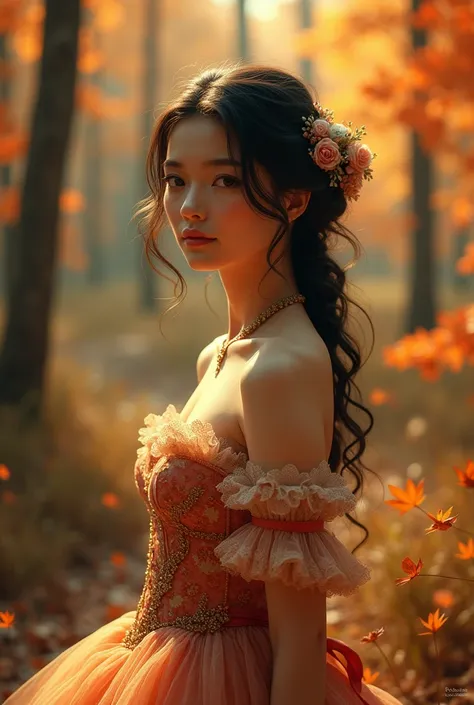 red beautiful girl, autumn forest, romantic mood, rococo style dress