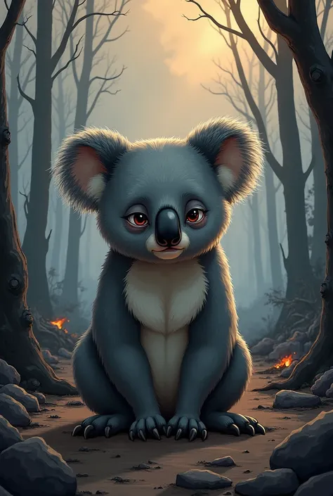 produce an illustration of a koala that lost its habitat as a result of burning forest,anime