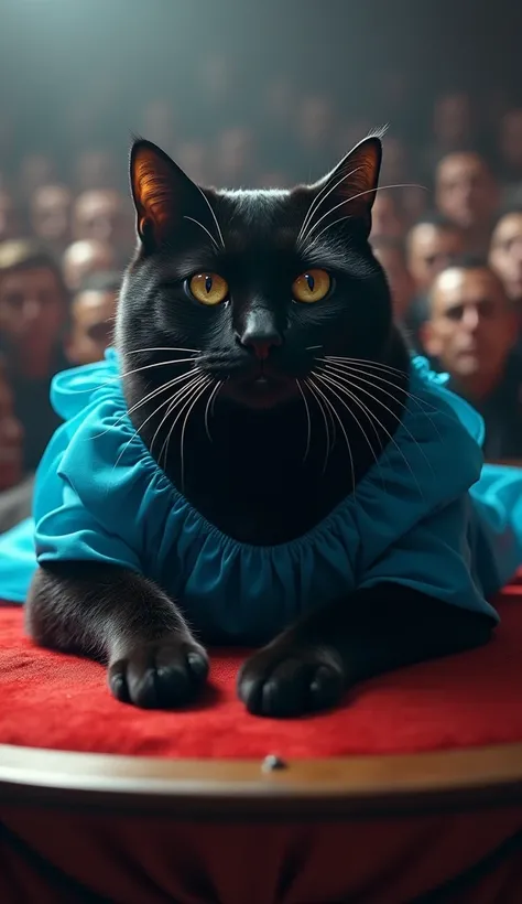 In cinematic 3D style, HD image, realistic image ,colourful image.
Character, big black female cat wearing blue short dress and black ladies shoes.
Action,A big black female cat is lying on the stage, tears are flowing from her eyes, the whole crowd is bel...