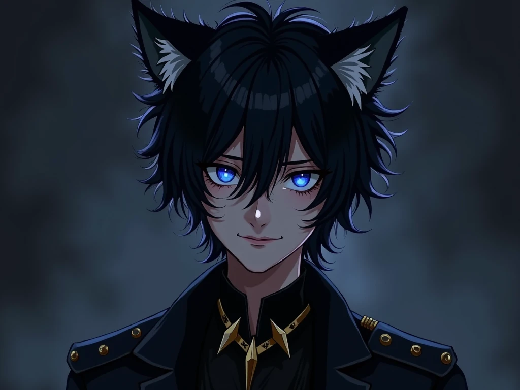  The guy with dark shaggy hair . His eyes are blue,  they are slightly illuminated .  He is wearing black clothes with gold elements .  Two fluffy cat ears peek out between the shaggy strands of hair.  His little tired .  He lived the Paris disaster ,  bec...