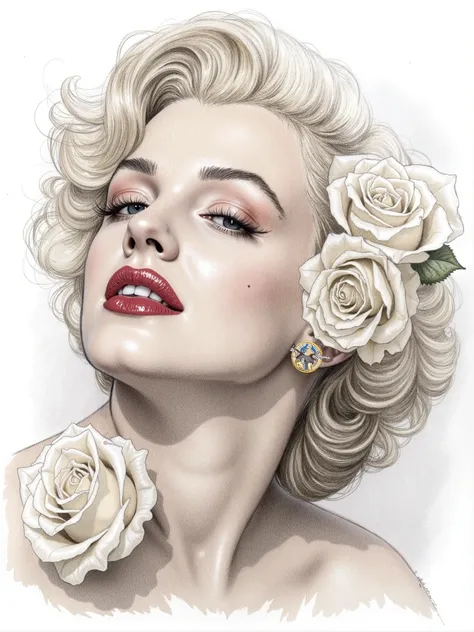 a highly detailed, expressive, and textured rough color pencil sketch of Marilyn Monroes face, adorned with two delicate white roses, rendered in a loose, gestural drawing style, with visible pencil marks and subtle paper texture, capturing the essence of ...