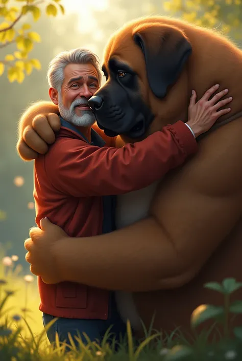 A large dog , hugging her male owner