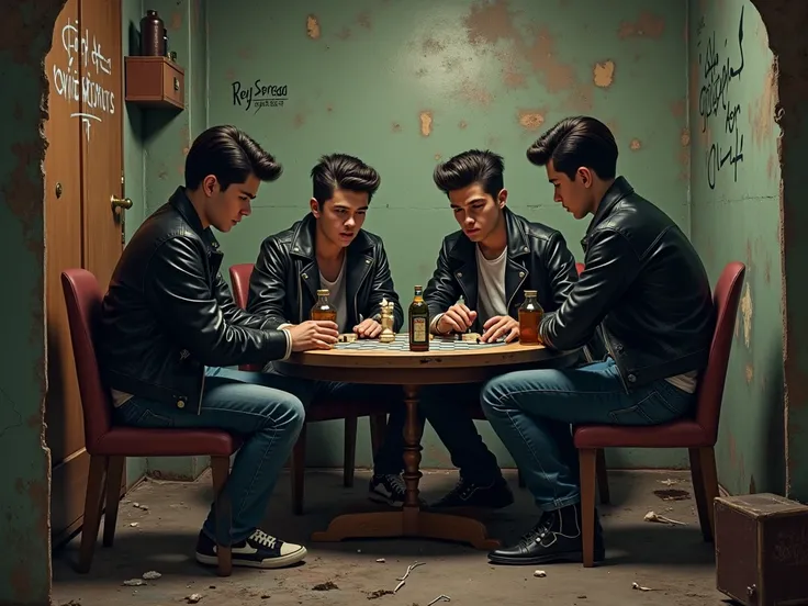 A group of school rens gang "the greasers" in different clothes are playing chess at a table and drinking alcohol in a shabby setting.