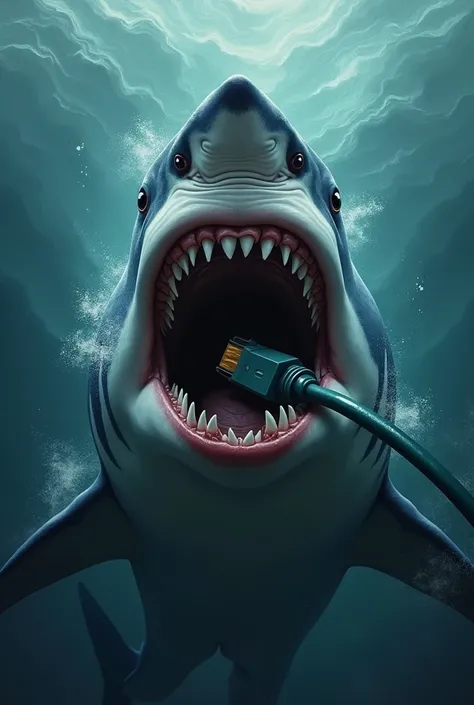 Need a photo of a shark with an internet wire in its mouth