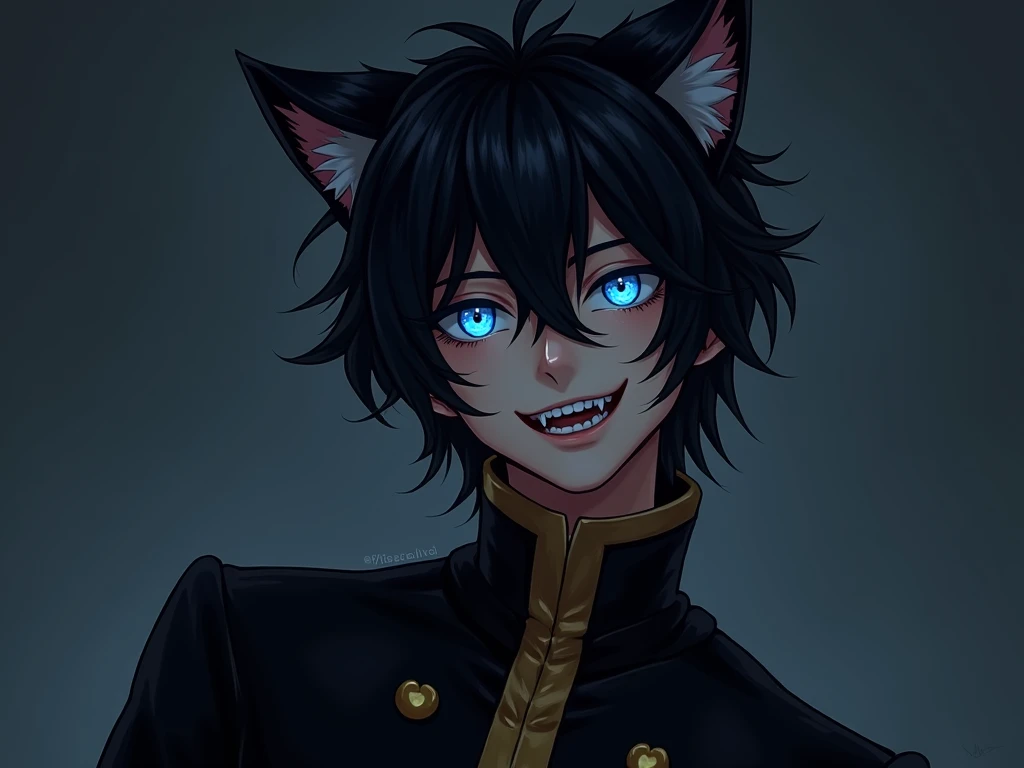  The guy with dark shaggy hair . His eyes are blue,  they are slightly illuminated .  He is wearing black clothes with gold elements .  Two fluffy cat ears peek out between the shaggy strands of hair.  His little tired .  He lived the Paris disaster ,  bec...