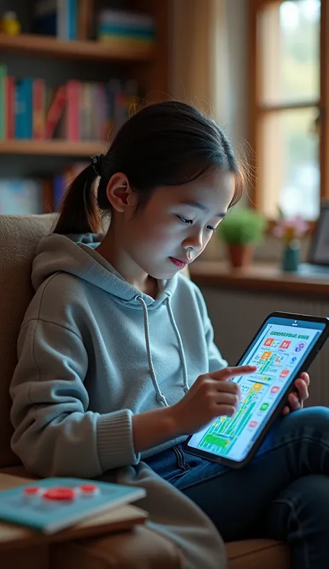 "A  using a tablet to interact with an educational app. The tablet displays fun learning activities and vibrant visuals. The  looks engaged, with a focused expression, sitting in a cozy room with tech-based learning tools around