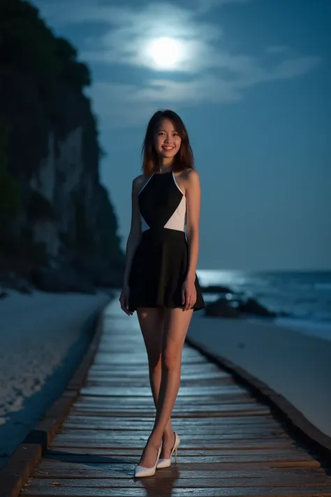 beautiful girl Indonesia, wearing a white and black mini dress, white shoes, standing on a bridge above a cliff on the edge of a white sand beach, night atmosphere, moon and star, aesthetic, advertising shoot, promotional image, smiling looking at the came...