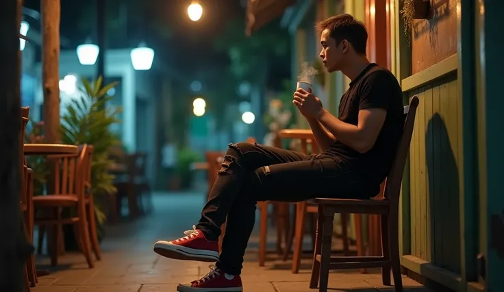 wide photo of a thai man, sitting outside a cafe, wooden chair, wooden table, short hair, black t-shirt, torn black jeans, red converse shoes, night, coffee, cinematic