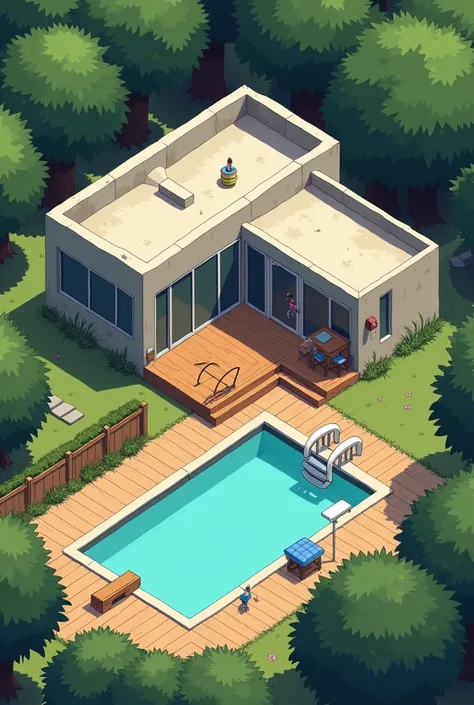 modern american one story house with swimming pool, isometric game big level design, dont starve graphic style, intricate detail
