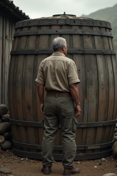 A man in front of a closed barrel