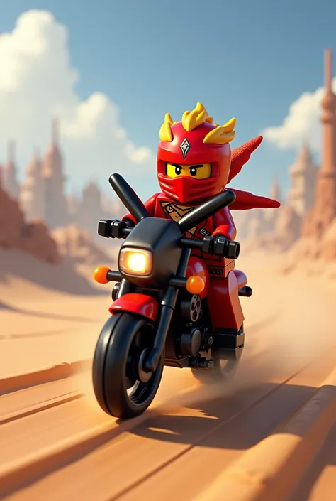 Kai designed the fire ninja from the Ninjago series and he rides his donkey motorcycle quickly on the desert road behind him and the city of Ninjago. Make him wear his mask and the ninja clothes he wears in the Ninjago series and make him wear his ninja ma...