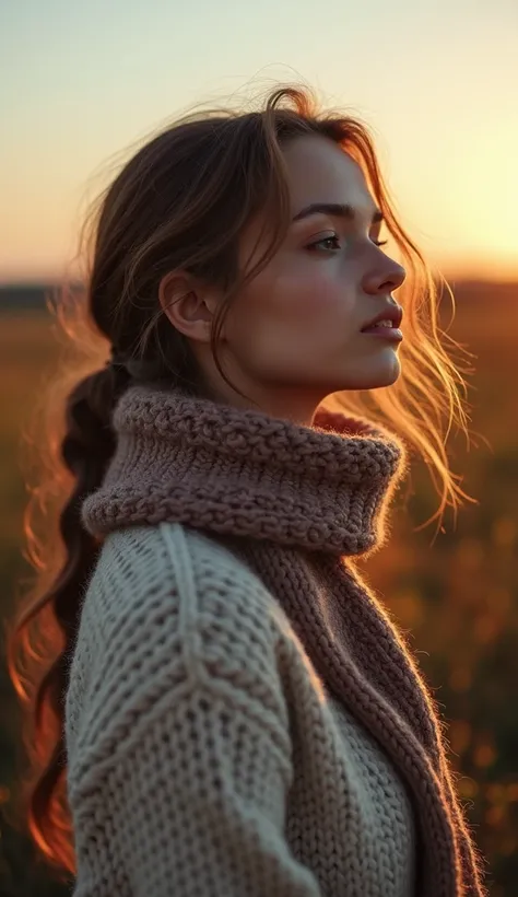 Hyperrealistic digital image of a beautiful model of extraordinary beauty posing with a melancholic air. She is wearing a thick andora wool sweater, with an autumnal scarf, while she meditates with a melancholic expression with her beautiful gaze lost in t...