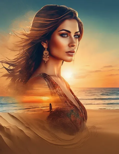 vector, sand-art, ((masterpiece, best quality, digital imaging, high resolution photography)), (double exposure:1.4), Calm atmosphere, centered, Calm colors, Romantic, (epic composition, epic proportion), with its details incorporated into the woman.