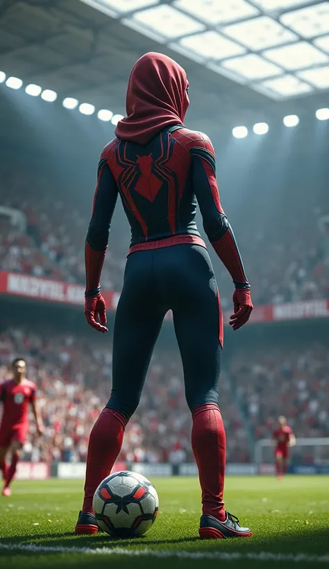 spiderwoman. Spiderwoman mask . Head hood. carry a backpack.  slightly contains body 50kg big chest 2 .3.  Being a goalkeeper in front of the goal . in a spacious stadium .  From front of the camera a man stands behind the ball.  Background of a lot of spe...