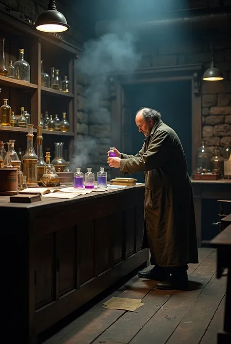 A dimly lit 18th/19th-century laboratory scene where the first synthetic dye, aniline, is being discovered. The laboratory is filled with vintage scientific equipment: brass beakers, glass flasks, and bubbling potions set against wooden counters and stone ...