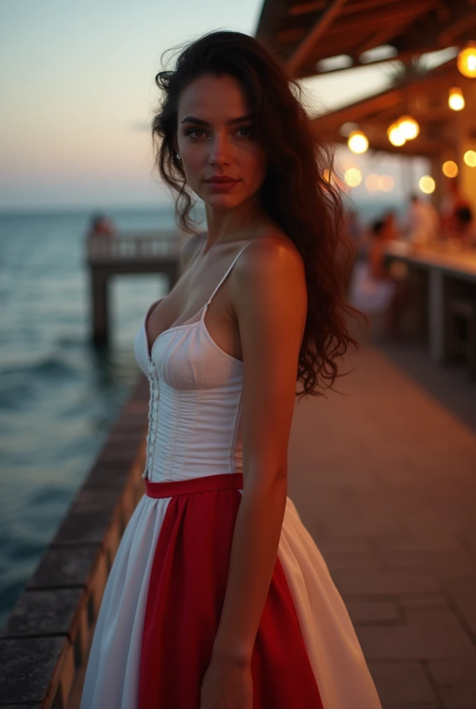 Take a picture of 20 year old brunette girl from the pier at the bar, with a white corset and a skirt with white and red, large breasts, deep cleavage,