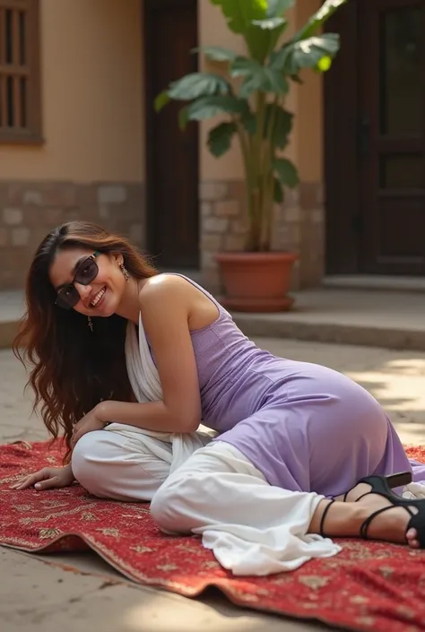 1 Hot Punjabi school teacher woman lying down on manja in courtyard show ass , sunglasses , laughing ,wearing wet Women light purple Pure Cotton tight light Kurta and white loose haryanvi salwar with white Dupatta , curvy model, beautiful model girl, perfe...