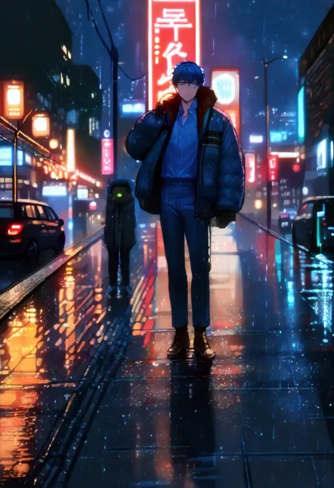 「Draw a quiet cityscape at night with rain falling。On a wet asphalt road、Focus on the blue and red lights of the traffic lights reflecting off the puddles and shining。There is a pedestrian crossing in the foreground、Dim street lamps and car lights are visi...